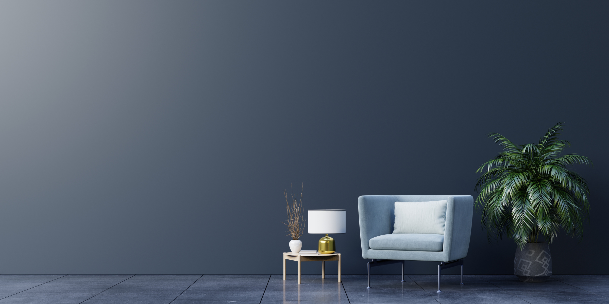 Dark Blue Room with Minimal Furniture 